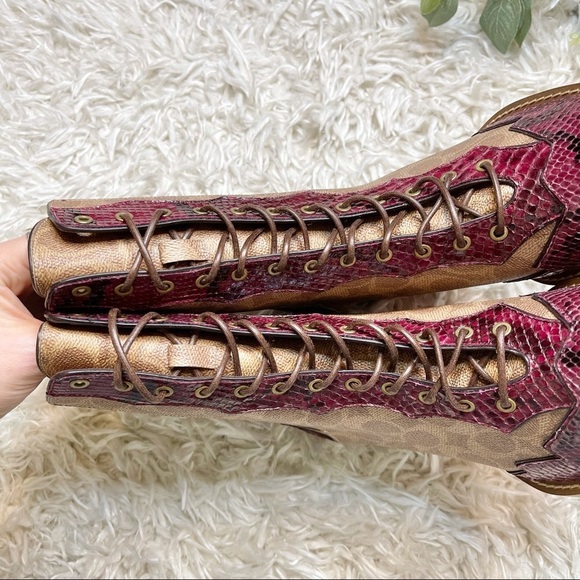 Coach Lace Up Signature Canvas & Snakeskin Boots - Picture 5 of 13